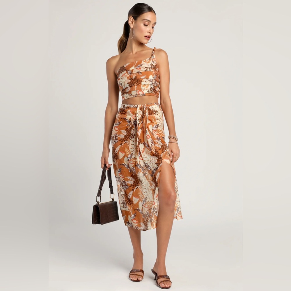 NWT Lulu’s Something Wild Brown Multi Print Twist-Front Midi Skirt Crop Top Set - Picture 16 of 16